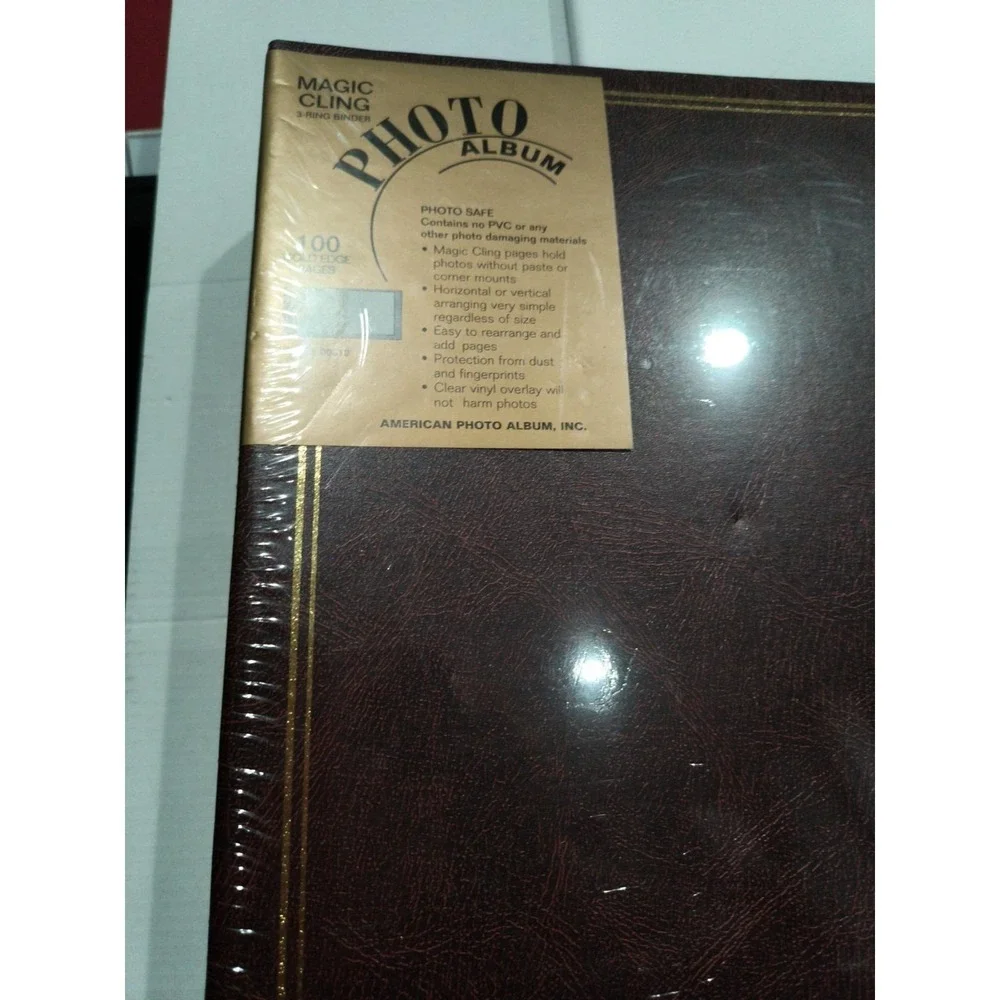 Magic CLING AMERICAN PHOTO ALBUM gold trim 100 Gold Edge Pages Sealed 3 Ring